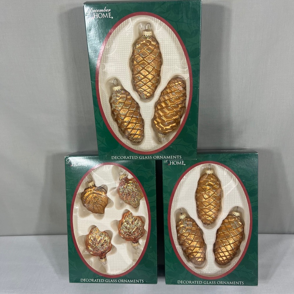 December Home Glass Ornaments Amber Gold Pinecone Leaf Lot of 10 Unisex OS